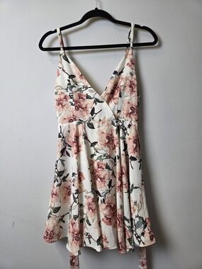 Floral V-Neck Cream Mini Dress with Pink Rose Print